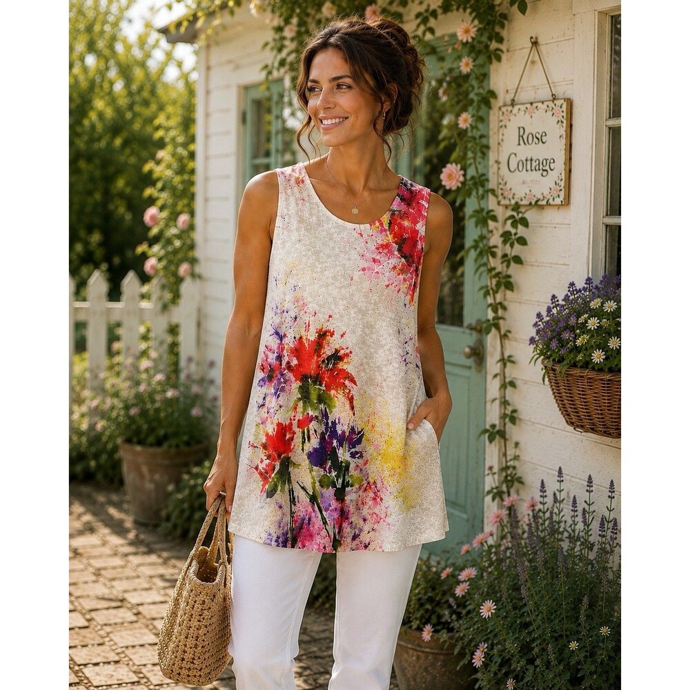 Jess & Jane Floral Burnout Tunic Tank Top Boho Cottagecore Slub Knit Plus XL